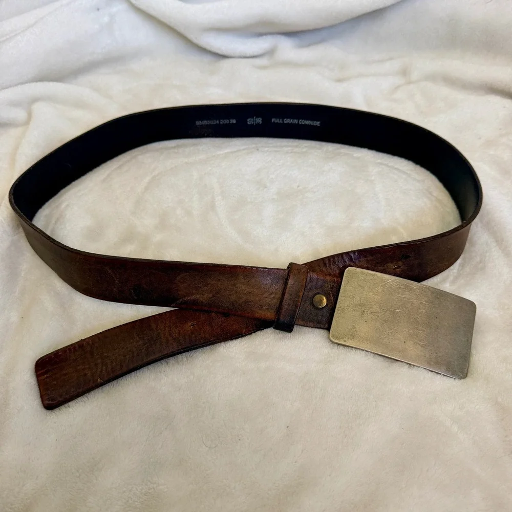 Fossil Men's Brown Leather Belt Size 36 Full Grain Cowhide Silver Plate Buckle